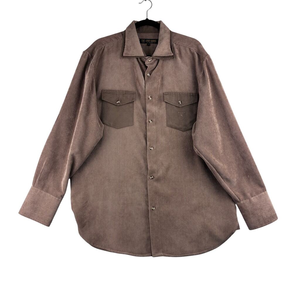 Stacy Adams Button Up Shacket Men XL Brown Ribbed Crest Elbow Patch Western READ